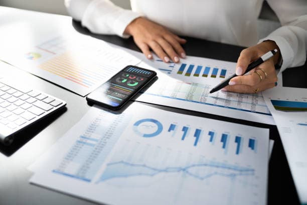Employee analyzing quantitative data